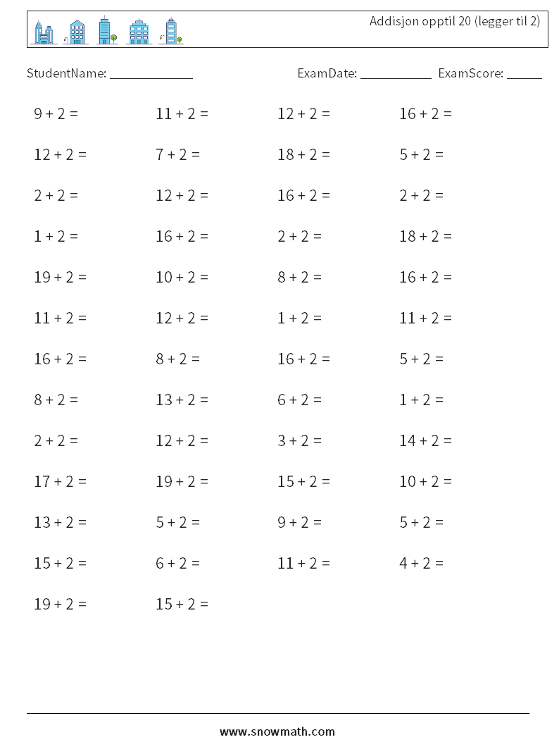 (50) Addisjon opptil 20 (legger til 2) MathWorksheets 3