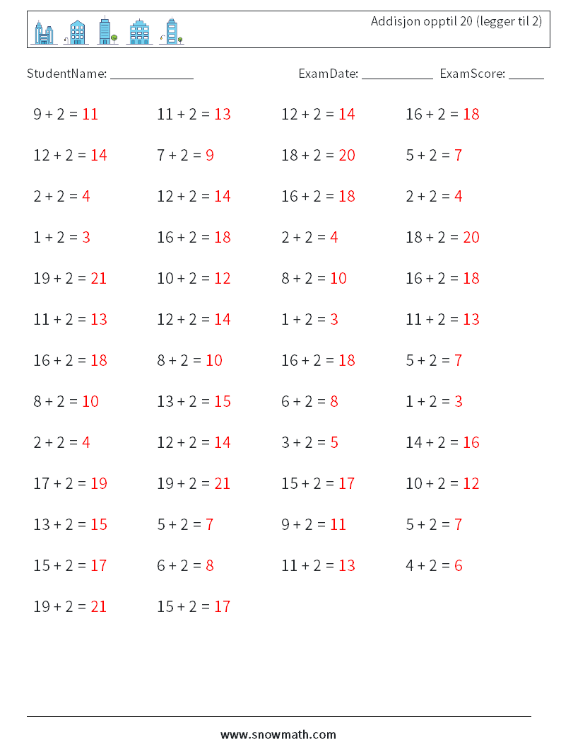 (50) Addisjon opptil 20 (legger til 2) MathWorksheets 3 QuestionAnswer