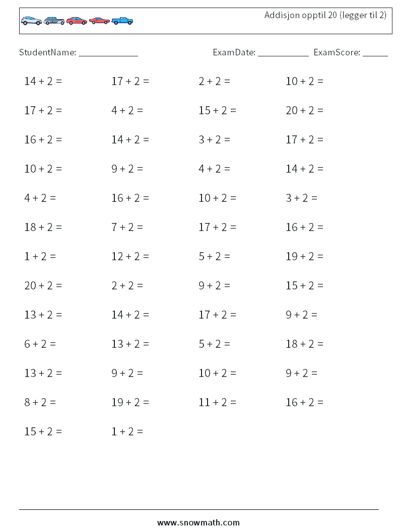 (50) Addisjon opptil 20 (legger til 2) MathWorksheets 4