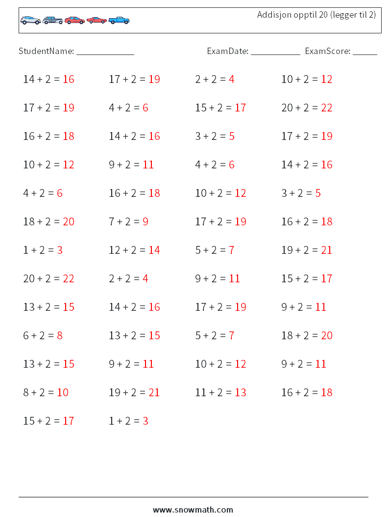 (50) Addisjon opptil 20 (legger til 2) MathWorksheets 4 QuestionAnswer
