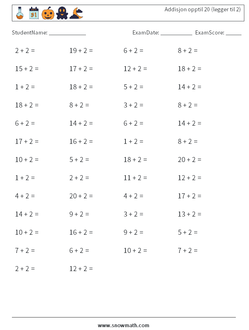 (50) Addisjon opptil 20 (legger til 2) MathWorksheets 5