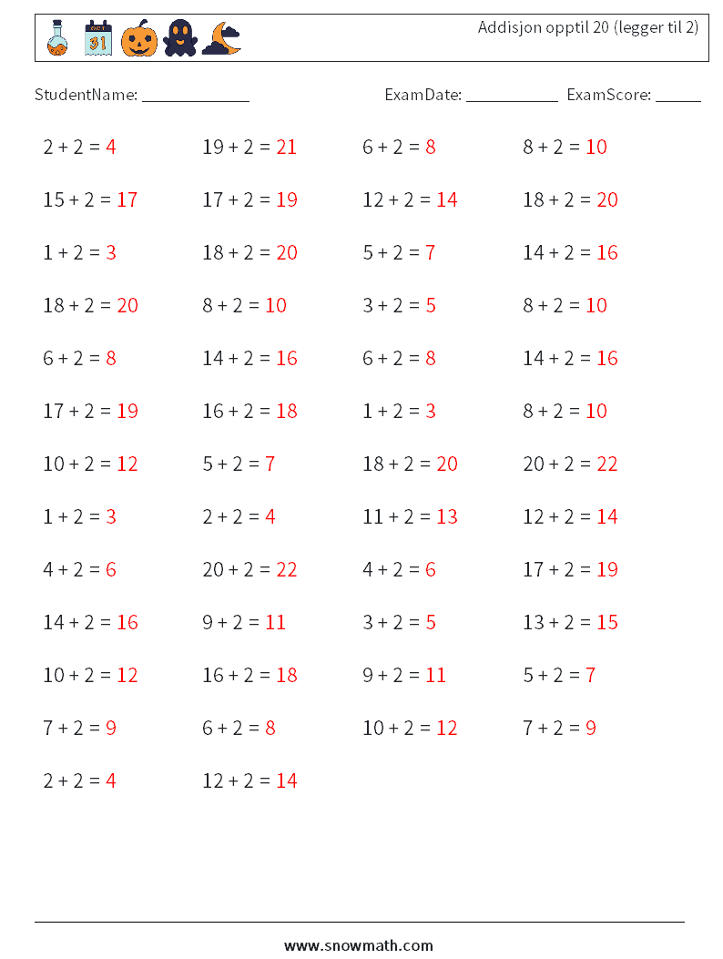 (50) Addisjon opptil 20 (legger til 2) MathWorksheets 5 QuestionAnswer
