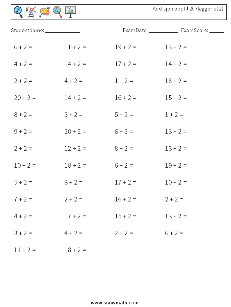 (50) Addisjon opptil 20 (legger til 2) MathWorksheets 6