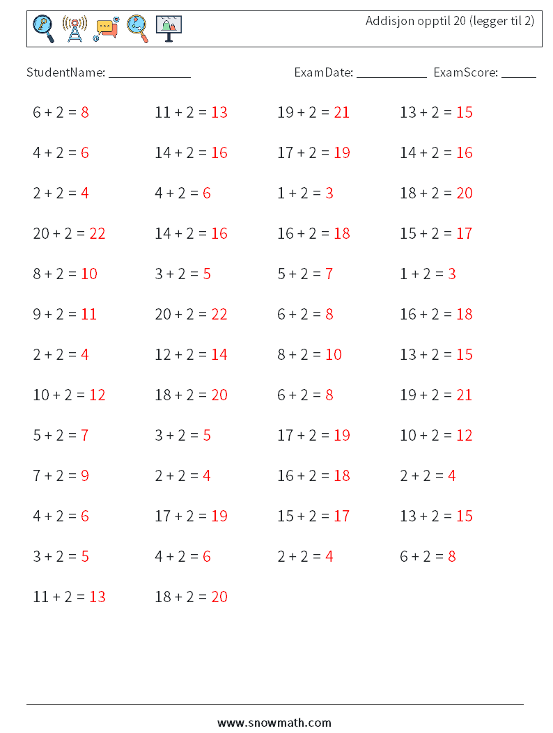 (50) Addisjon opptil 20 (legger til 2) MathWorksheets 6 QuestionAnswer