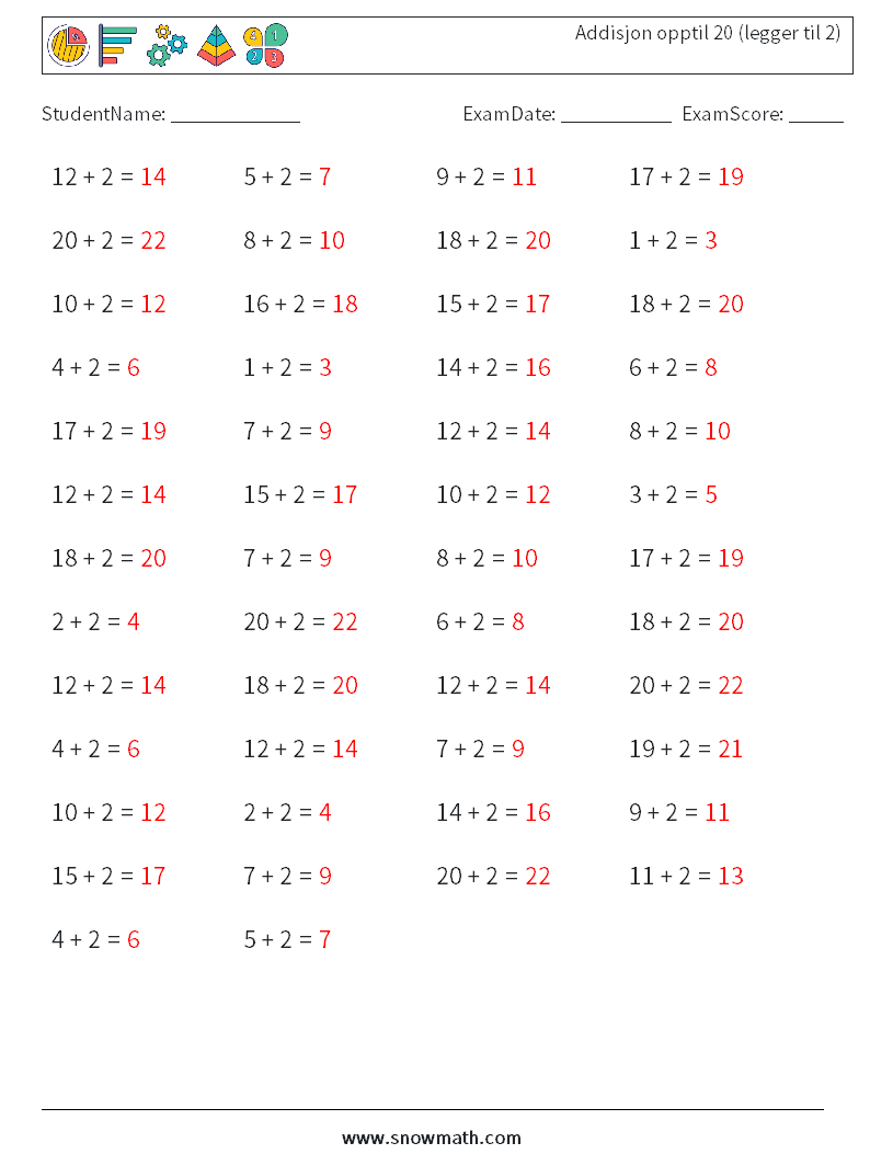 (50) Addisjon opptil 20 (legger til 2) MathWorksheets 7 QuestionAnswer
