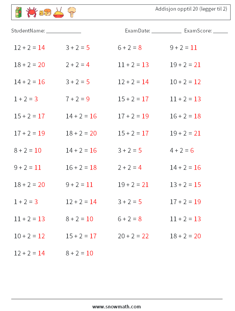 (50) Addisjon opptil 20 (legger til 2) MathWorksheets 8 QuestionAnswer