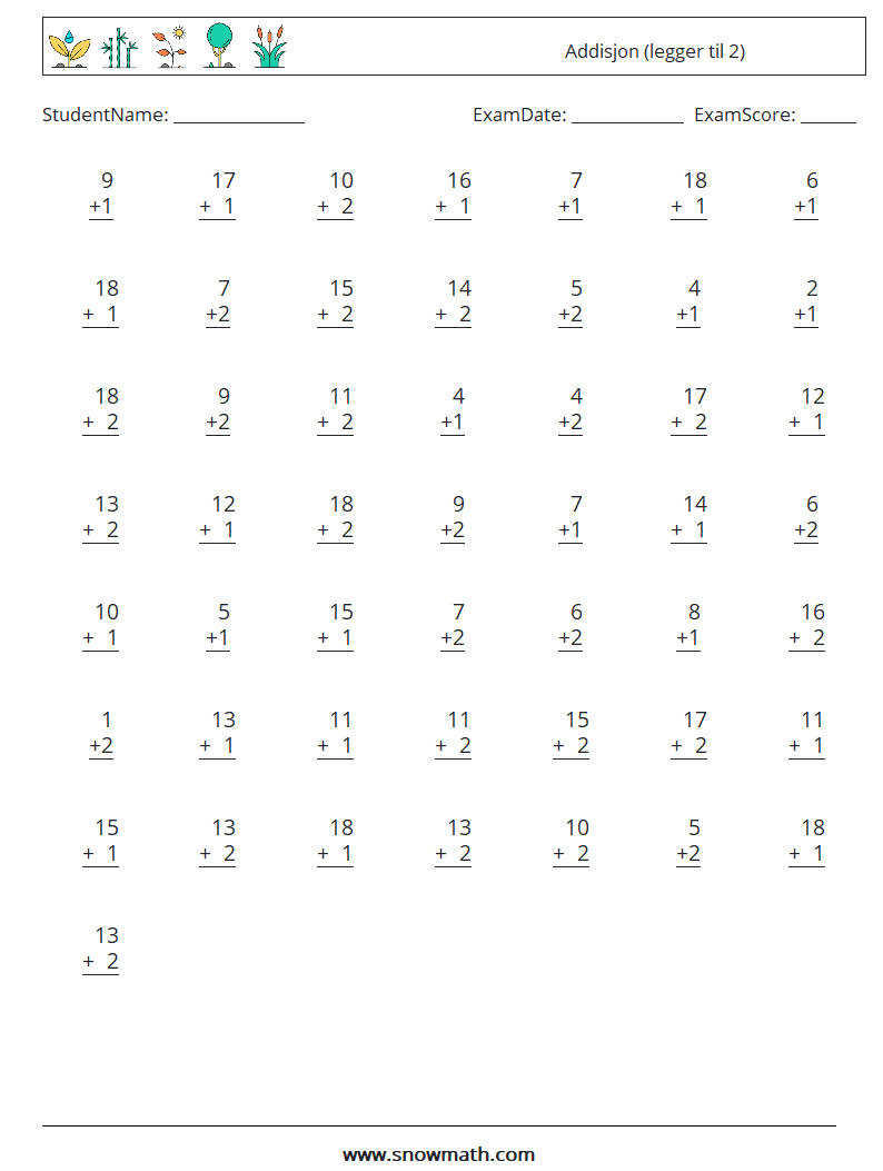 (50) Addisjon (legger til 2) MathWorksheets 10