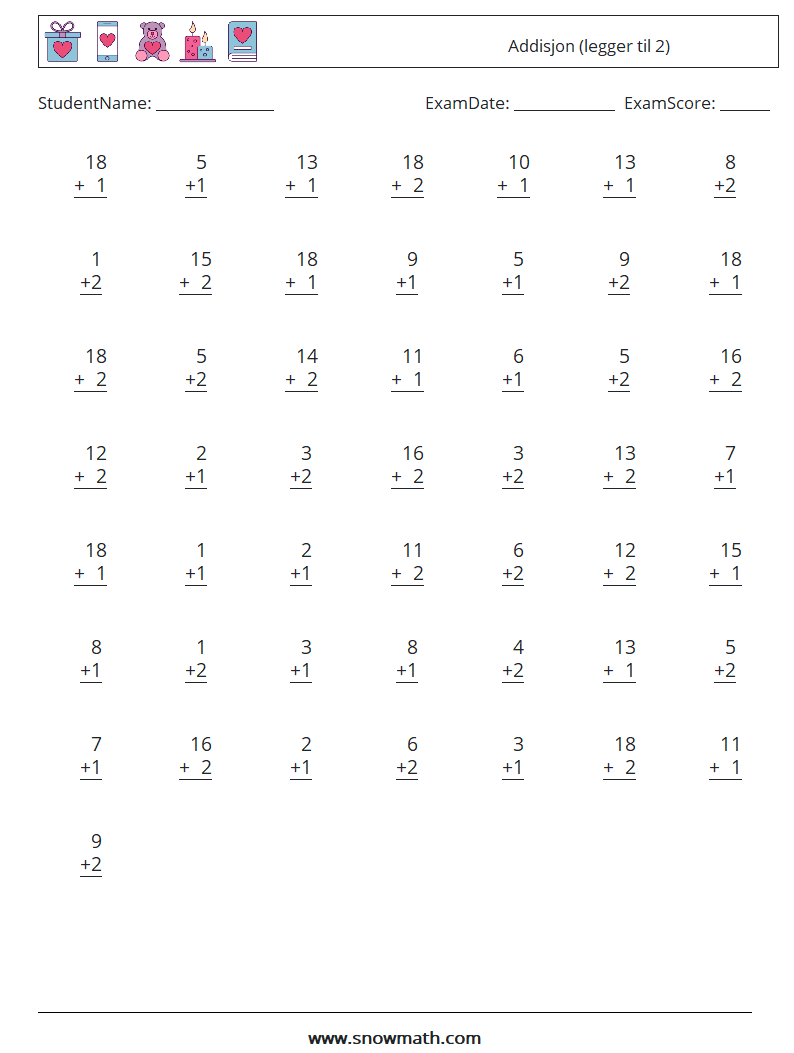 (50) Addisjon (legger til 2) MathWorksheets 12