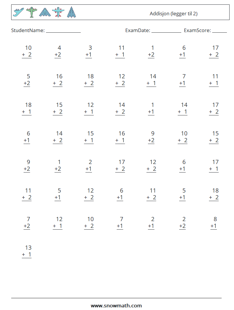 (50) Addisjon (legger til 2) MathWorksheets 13