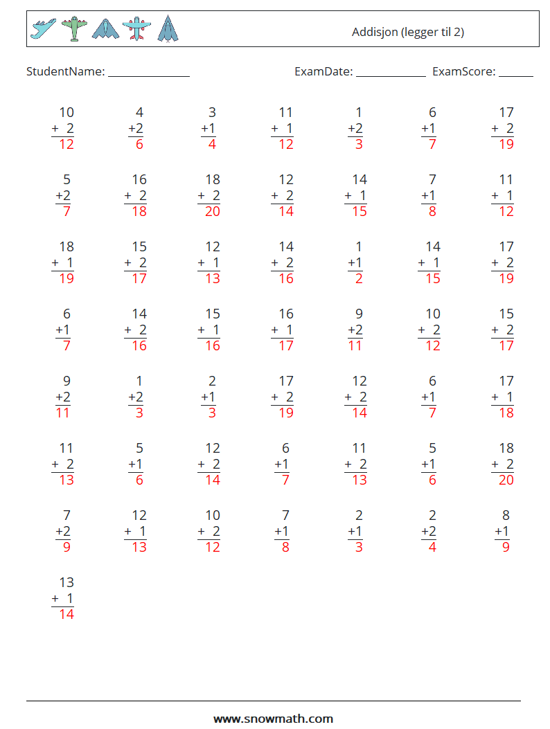 (50) Addisjon (legger til 2) MathWorksheets 13 QuestionAnswer