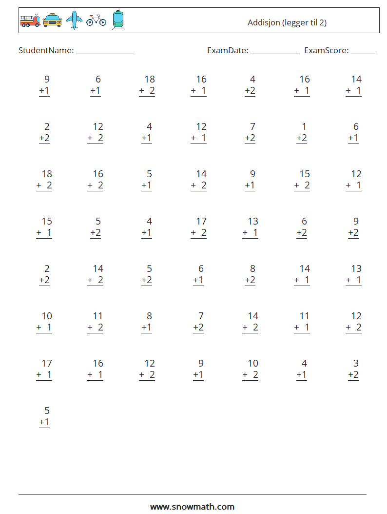 (50) Addisjon (legger til 2) MathWorksheets 15