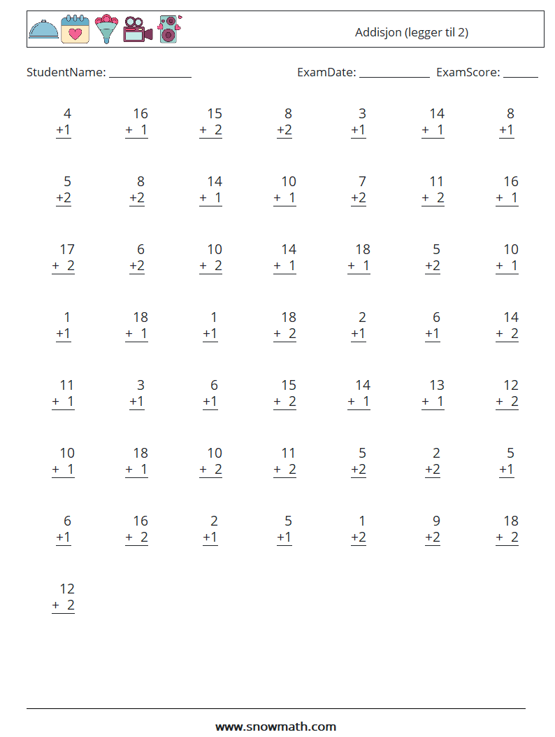 (50) Addisjon (legger til 2) MathWorksheets 16