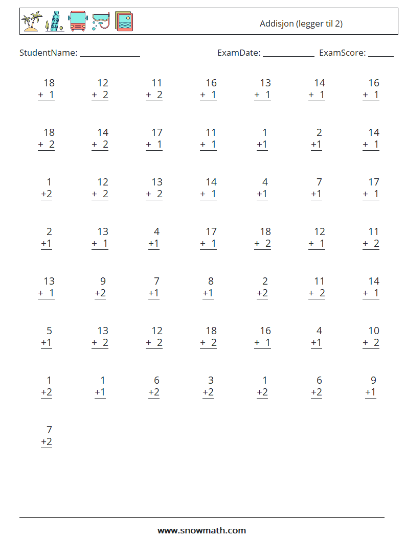(50) Addisjon (legger til 2) MathWorksheets 17