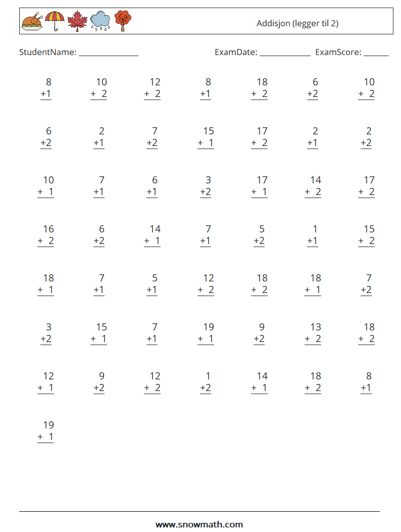 (50) Addisjon (legger til 2) MathWorksheets 18