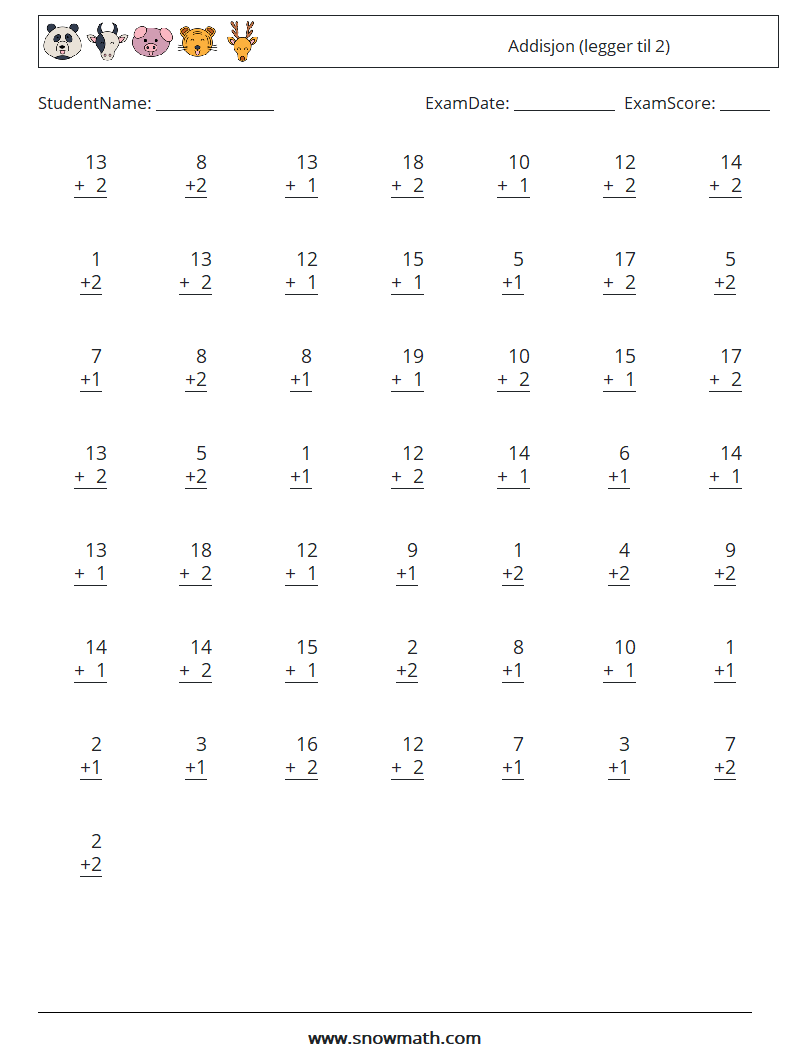 (50) Addisjon (legger til 2) MathWorksheets 2