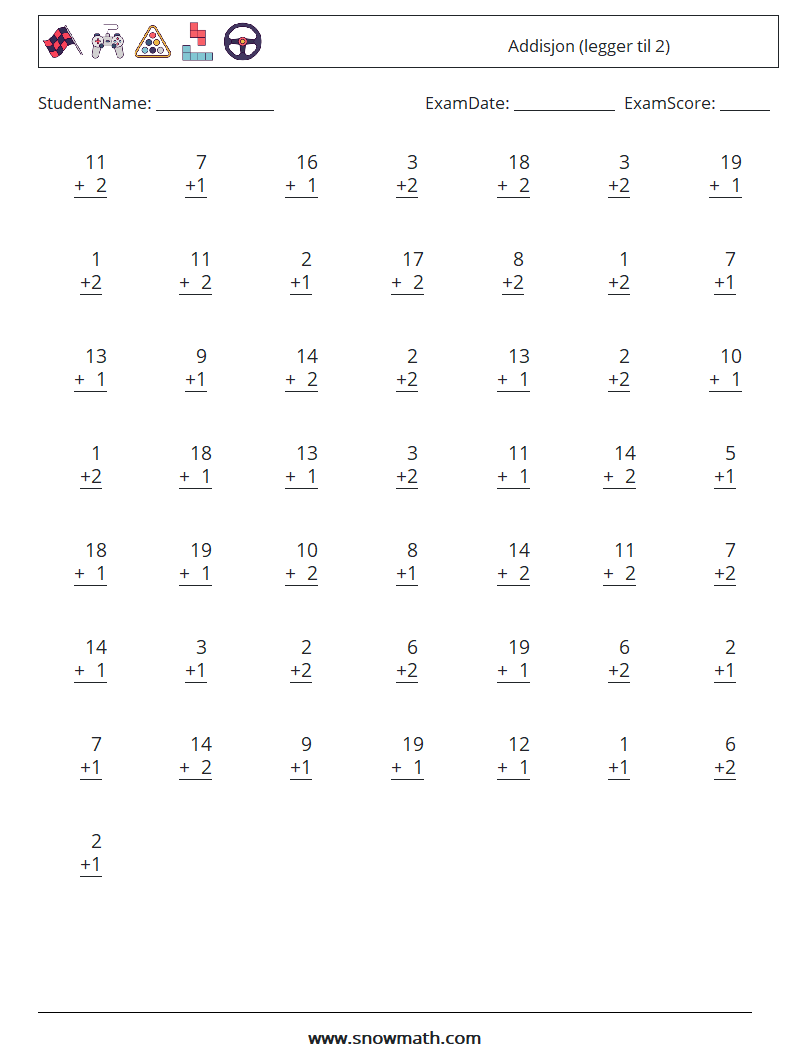 (50) Addisjon (legger til 2) MathWorksheets 3