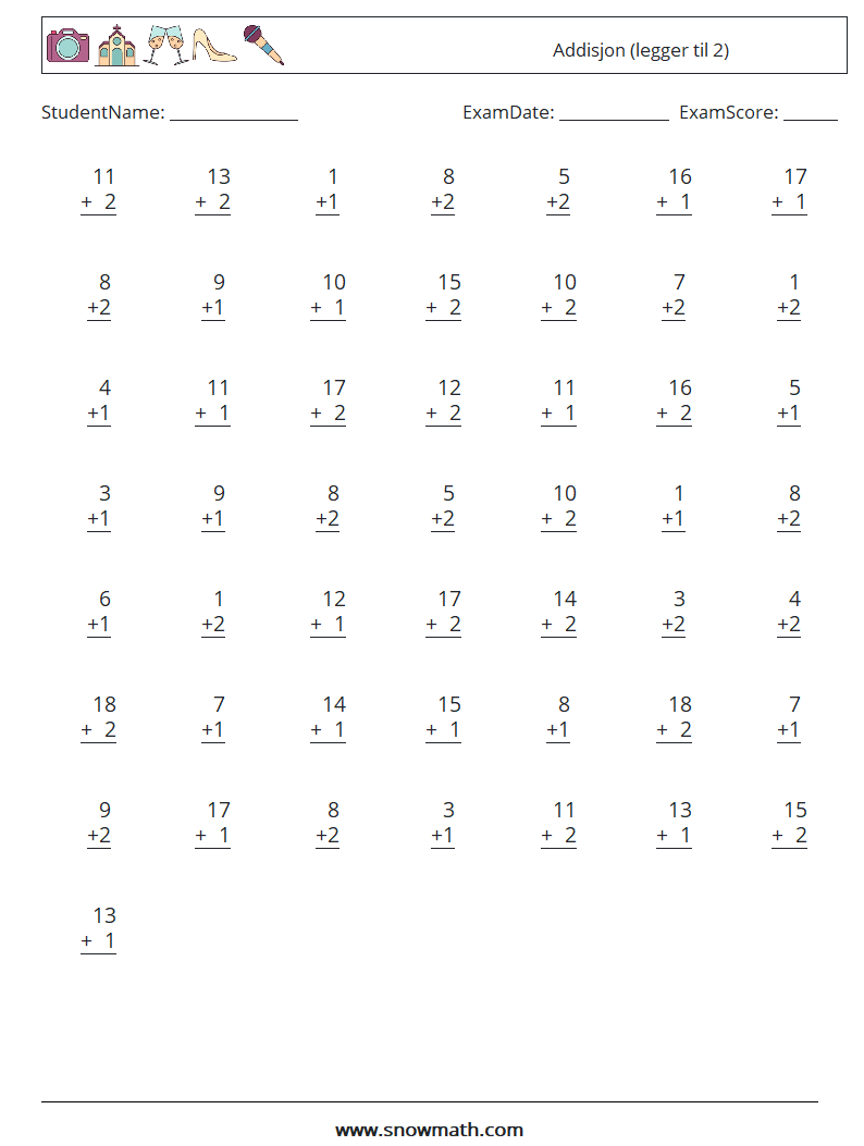 (50) Addisjon (legger til 2) MathWorksheets 4