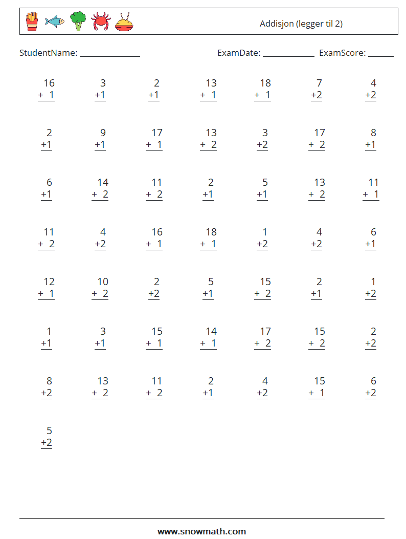 (50) Addisjon (legger til 2) MathWorksheets 8