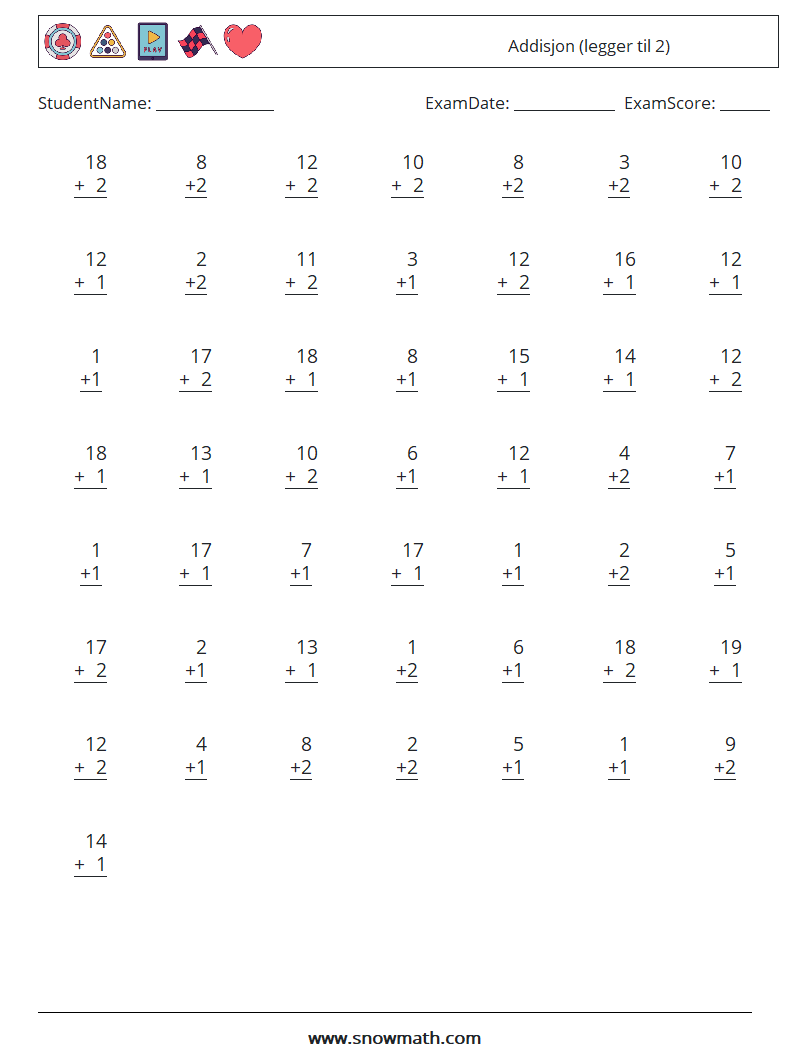 (50) Addisjon (legger til 2) MathWorksheets 9