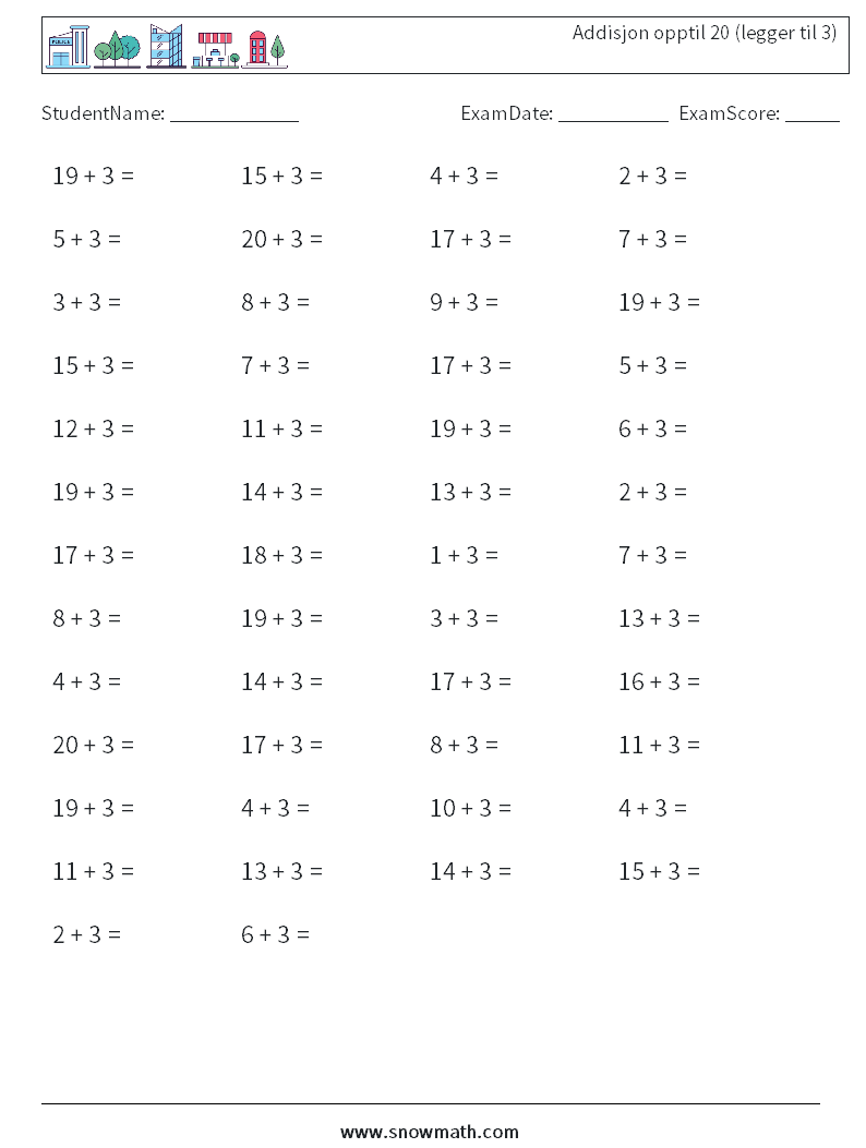 (50) Addisjon opptil 20 (legger til 3) MathWorksheets 1