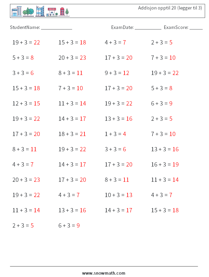 (50) Addisjon opptil 20 (legger til 3) MathWorksheets 1 QuestionAnswer