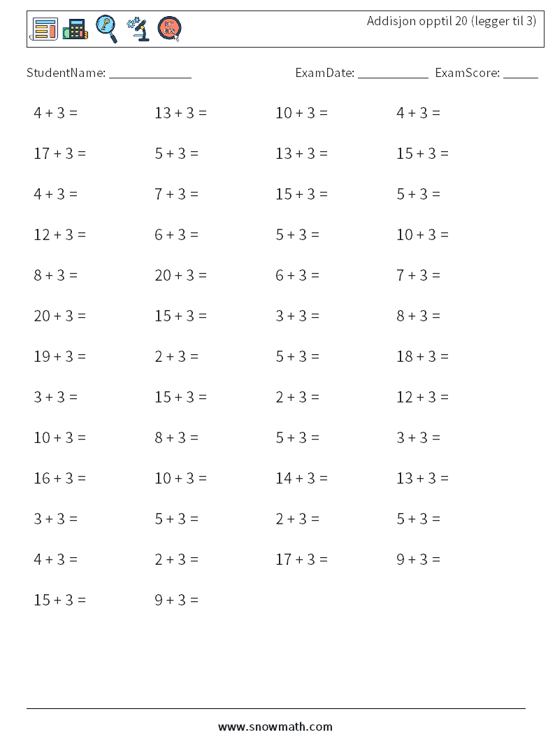 (50) Addisjon opptil 20 (legger til 3) MathWorksheets 2