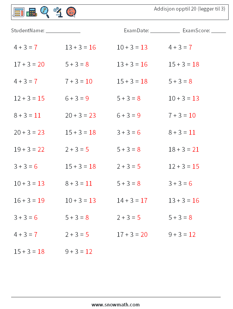(50) Addisjon opptil 20 (legger til 3) MathWorksheets 2 QuestionAnswer