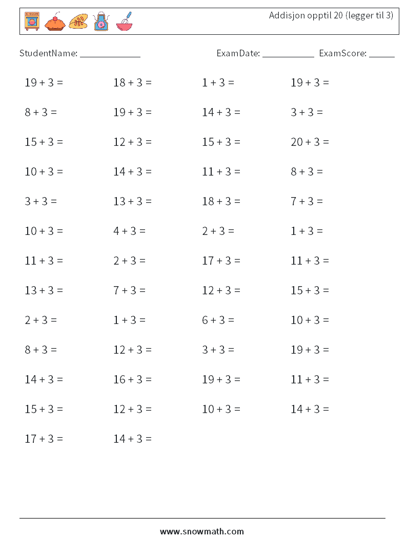 (50) Addisjon opptil 20 (legger til 3) MathWorksheets 3