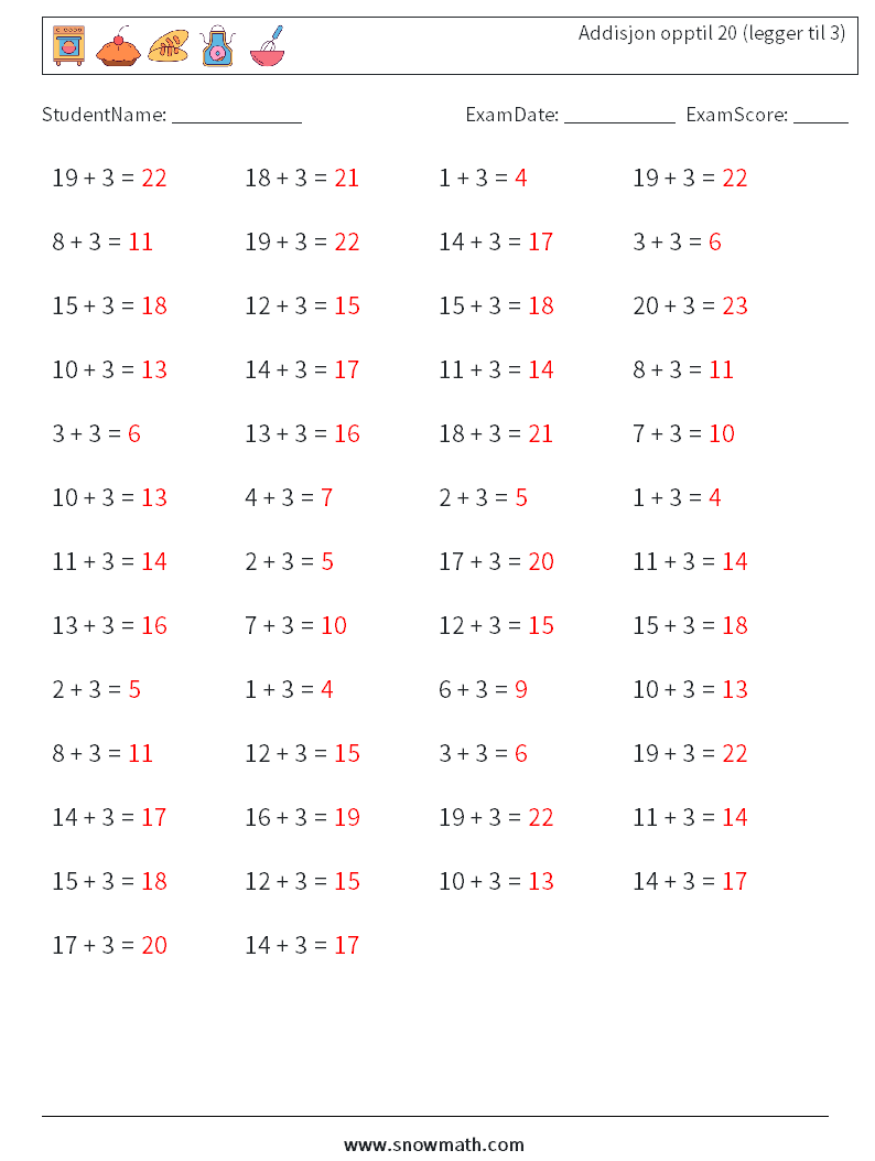 (50) Addisjon opptil 20 (legger til 3) MathWorksheets 3 QuestionAnswer