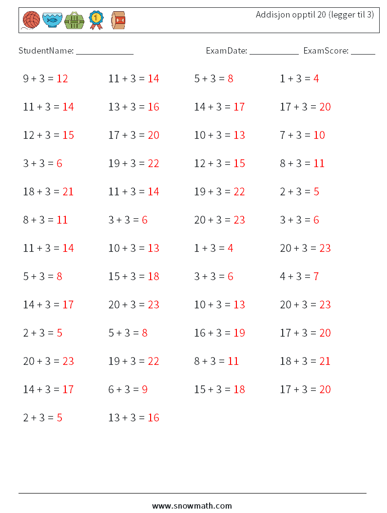 (50) Addisjon opptil 20 (legger til 3) MathWorksheets 4 QuestionAnswer