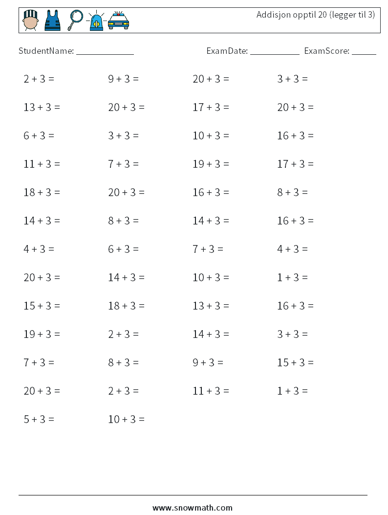 (50) Addisjon opptil 20 (legger til 3) MathWorksheets 5
