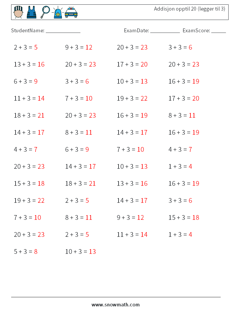 (50) Addisjon opptil 20 (legger til 3) MathWorksheets 5 QuestionAnswer