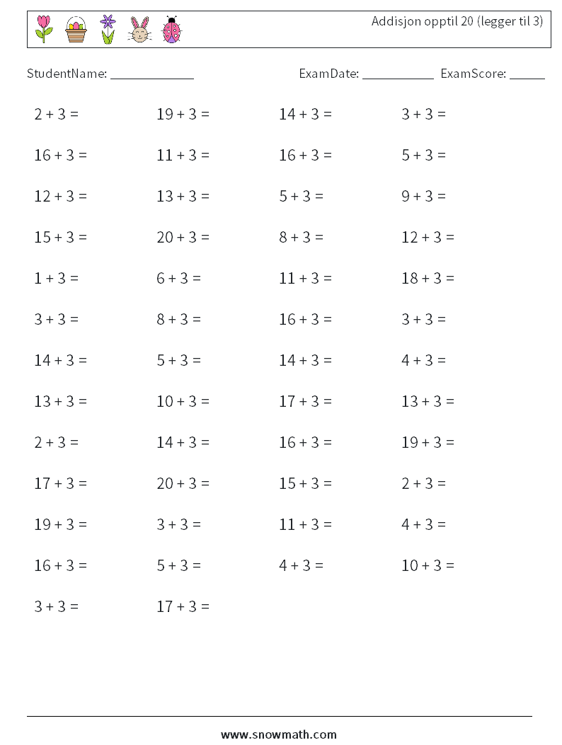 (50) Addisjon opptil 20 (legger til 3) MathWorksheets 6