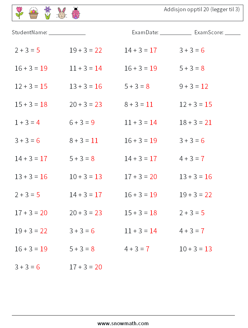 (50) Addisjon opptil 20 (legger til 3) MathWorksheets 6 QuestionAnswer
