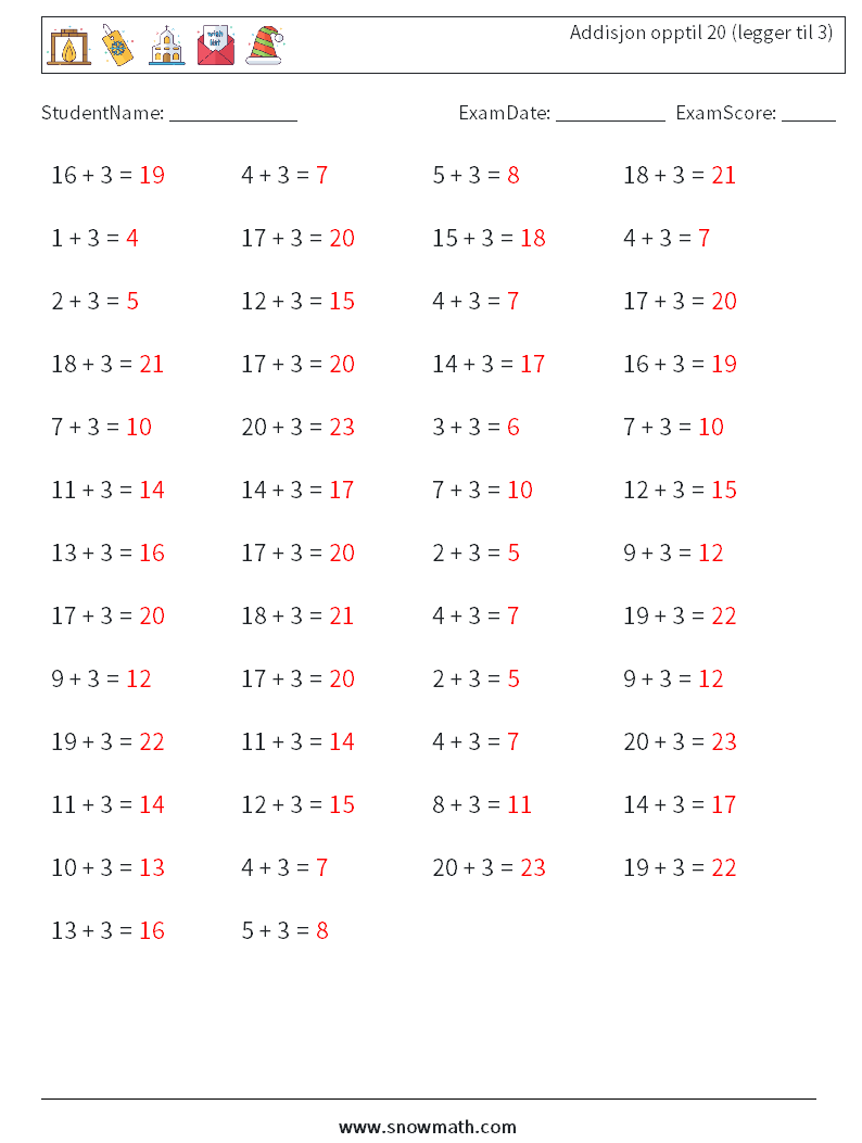 (50) Addisjon opptil 20 (legger til 3) MathWorksheets 7 QuestionAnswer