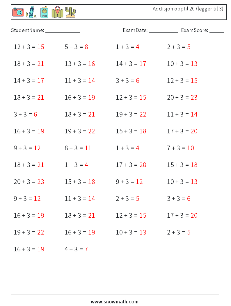 (50) Addisjon opptil 20 (legger til 3) MathWorksheets 8 QuestionAnswer