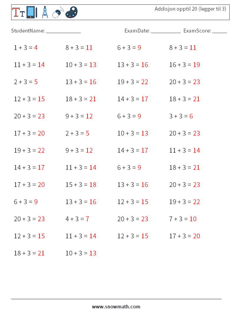 (50) Addisjon opptil 20 (legger til 3) MathWorksheets 9 QuestionAnswer