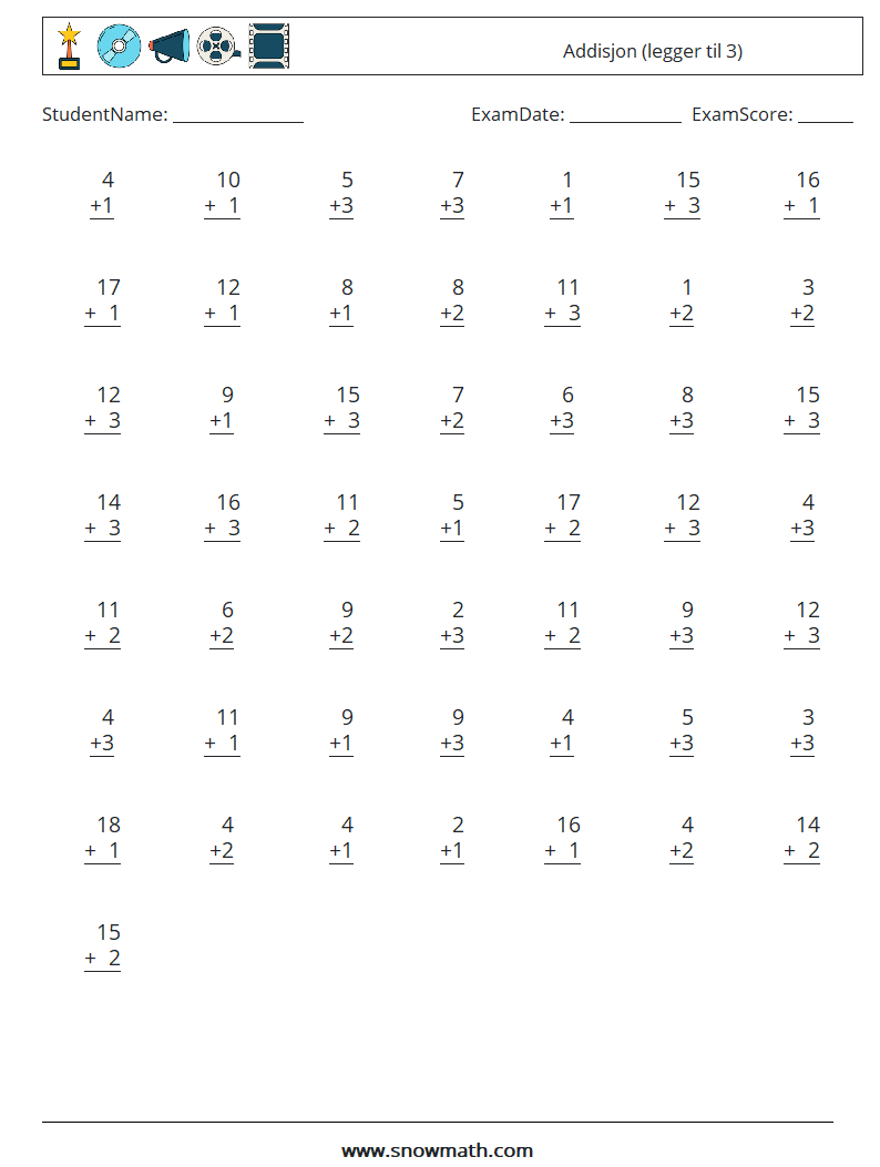 (50) Addisjon (legger til 3) MathWorksheets 11