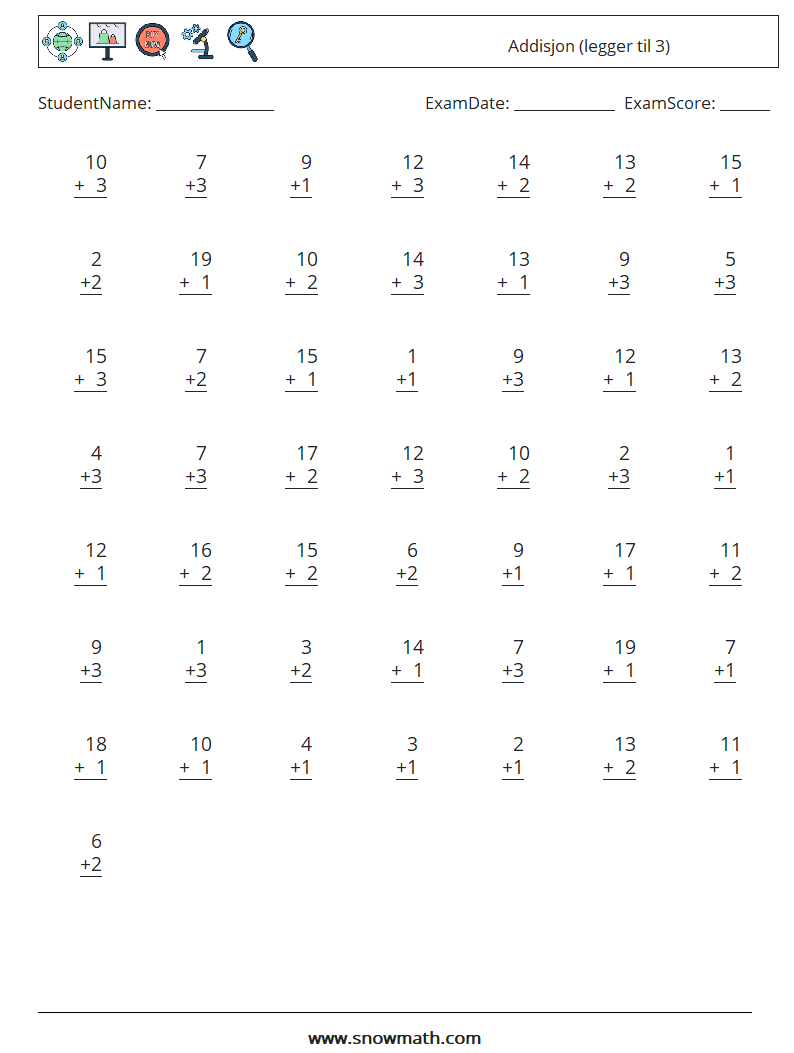 (50) Addisjon (legger til 3) MathWorksheets 13