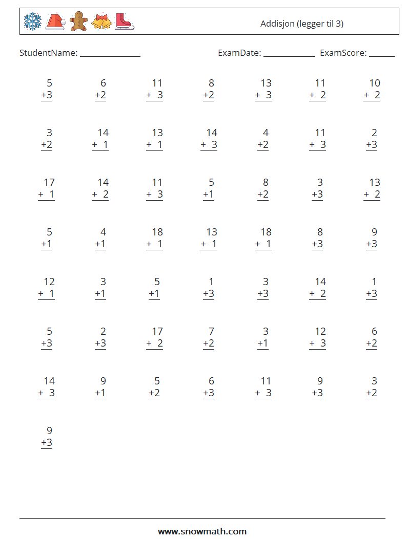 (50) Addisjon (legger til 3) MathWorksheets 14