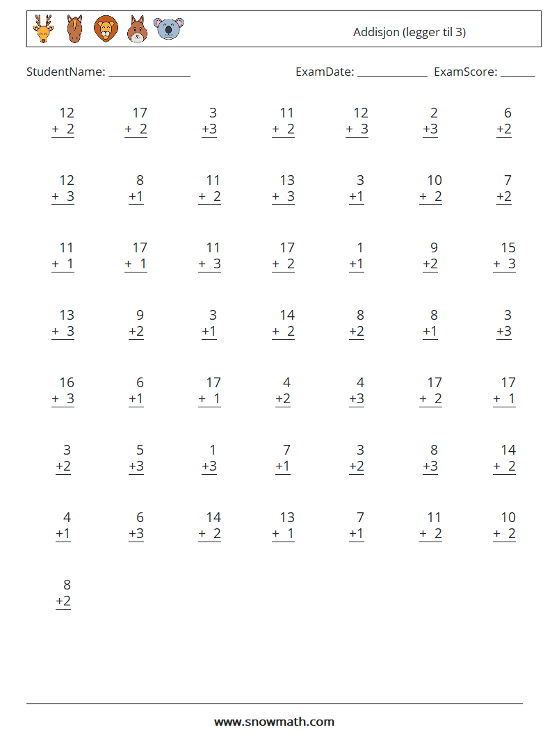 (50) Addisjon (legger til 3) MathWorksheets 15