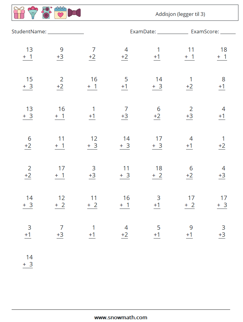 (50) Addisjon (legger til 3) MathWorksheets 2