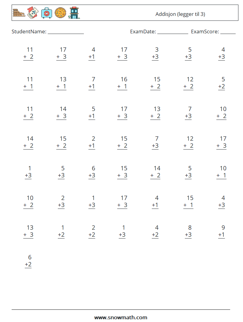 (50) Addisjon (legger til 3) MathWorksheets 3