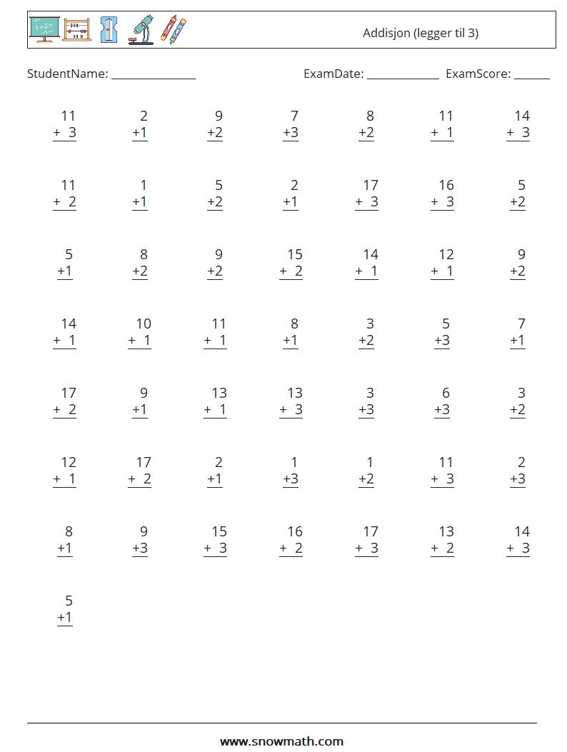 (50) Addisjon (legger til 3) MathWorksheets 5