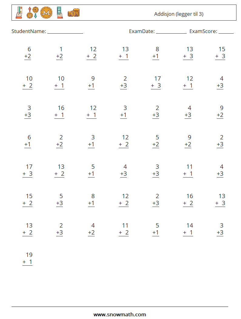 (50) Addisjon (legger til 3) MathWorksheets 7