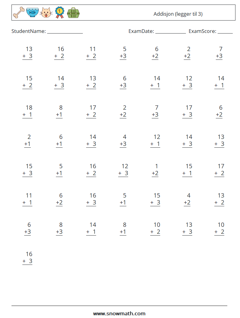 (50) Addisjon (legger til 3) MathWorksheets 9