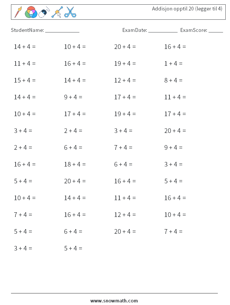 (50) Addisjon opptil 20 (legger til 4) MathWorksheets 1