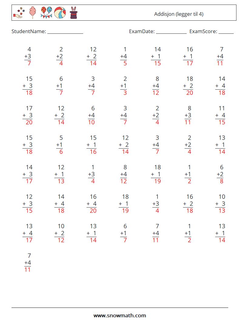 (50) Addisjon (legger til 4) MathWorksheets 10 QuestionAnswer