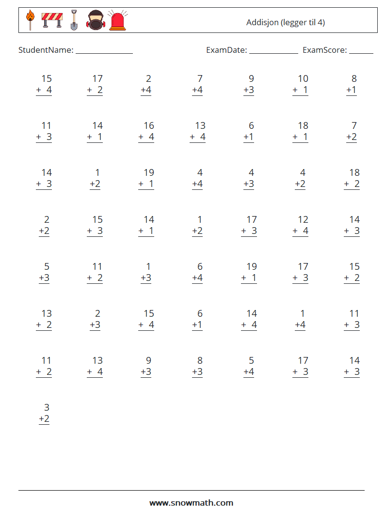 (50) Addisjon (legger til 4) MathWorksheets 11