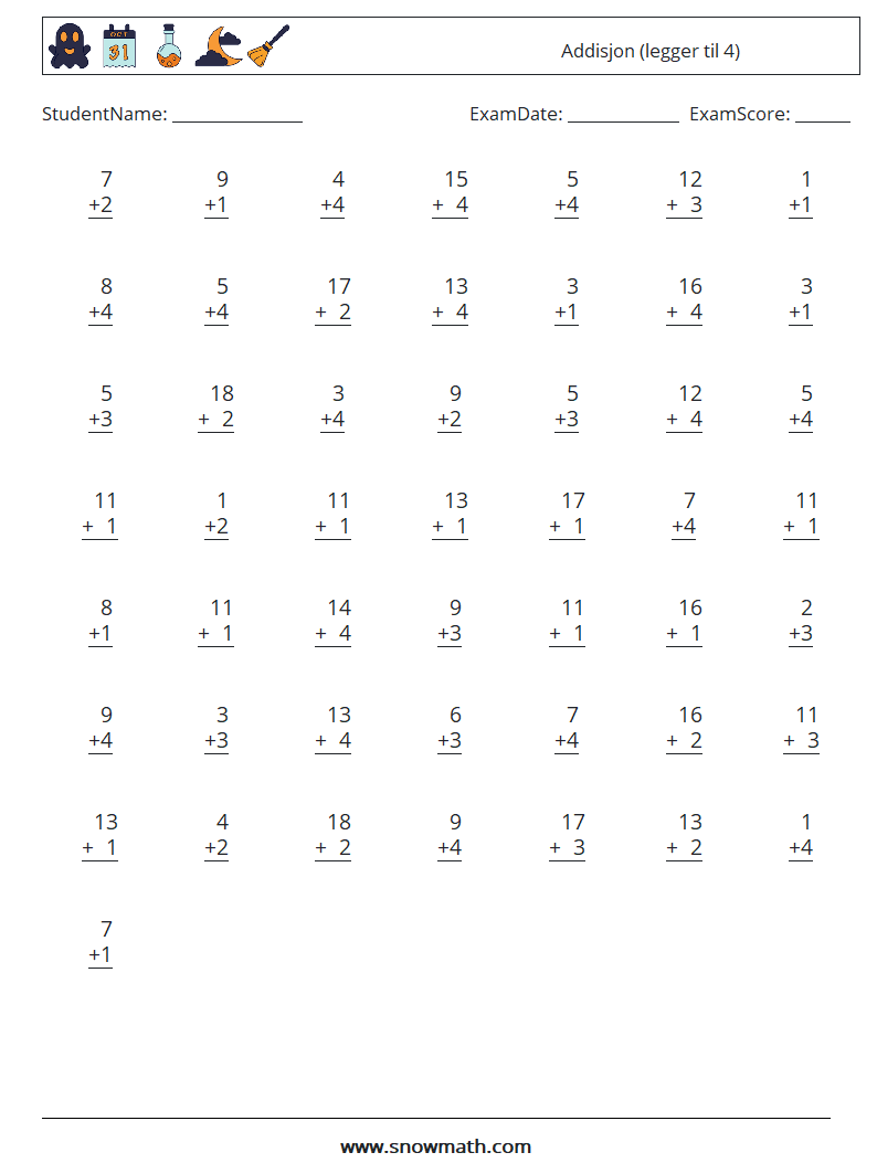 (50) Addisjon (legger til 4) MathWorksheets 15
